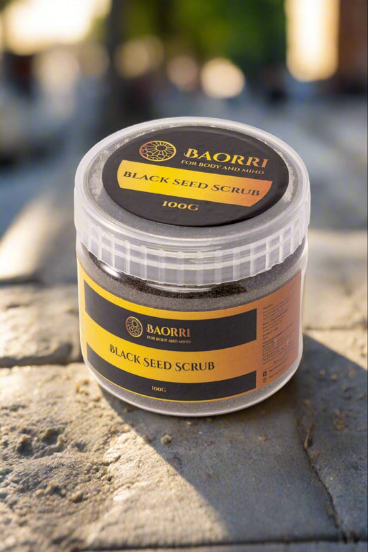 Black seed scrub by Baorri - gentle natural exfoliator to remove dead skin, brighten complexion and refine pores.