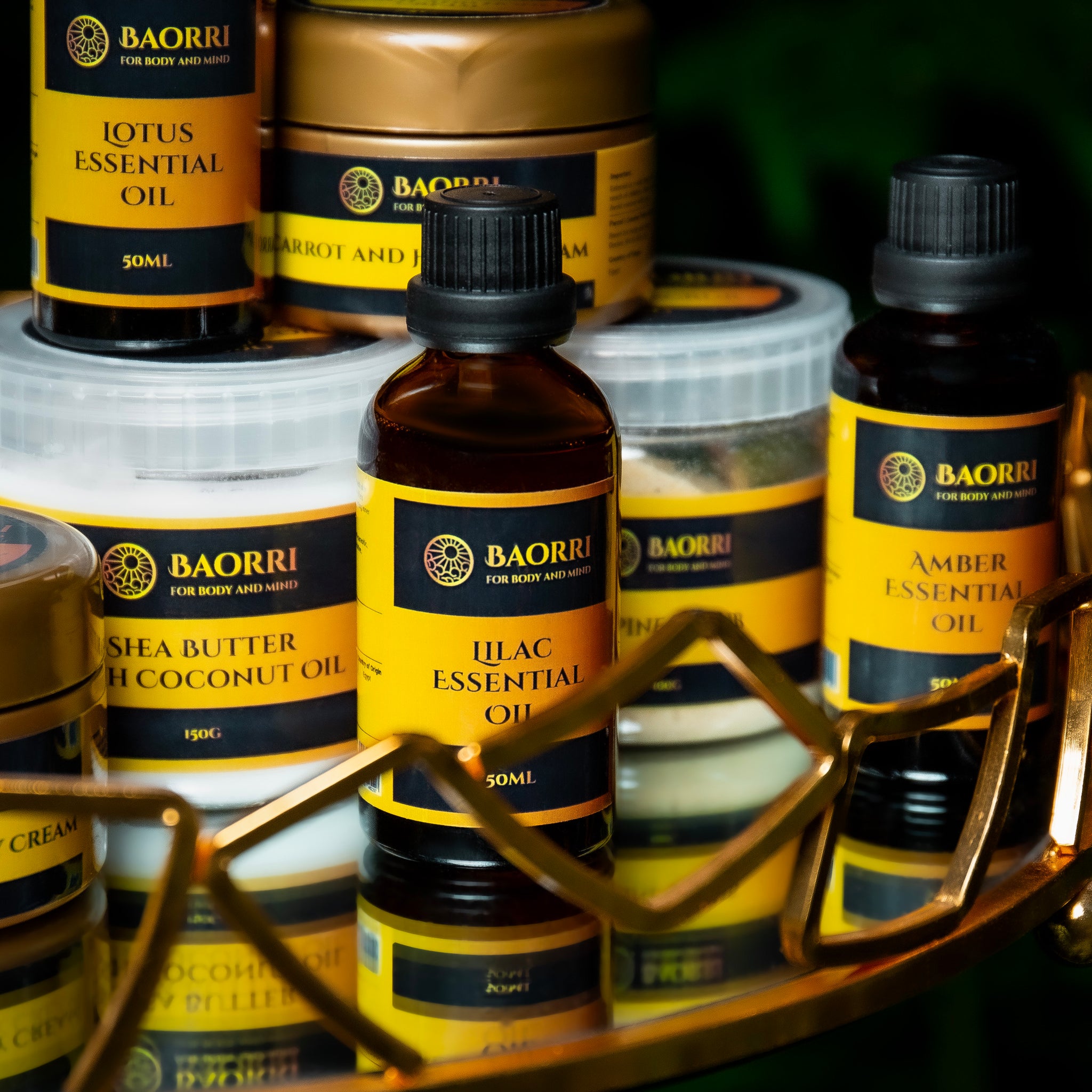 Baorri For Body and Mind skincare products, essential oils, body butters, face creams, and gentle scrubs