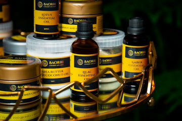 Baorri For Body and Mind skincare products, essential oils, body butters, face creams, and gentle scrubs