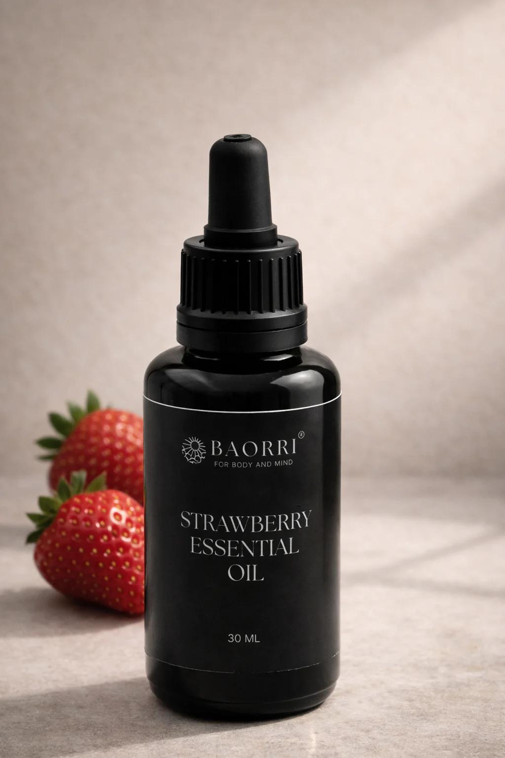strawberry essential oil bottle beside fresh red strawberries — 100% pure  essence oil